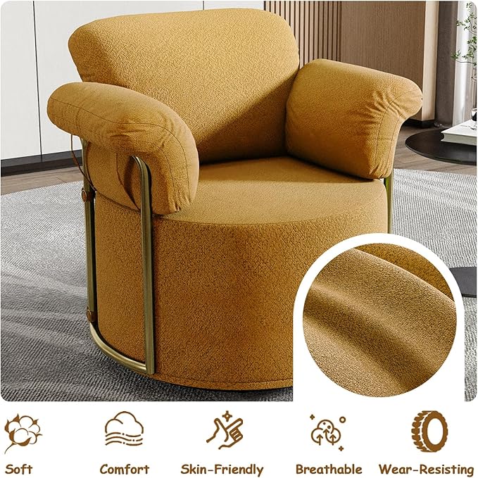 Swivel Accent Chairs for Living Room 360 Swivel Barrel Chair with Arm for Bedroom Upholstered Round Chair &amp Corner Chairs with Gold Frame for Small Spaces Chenille (Orange)