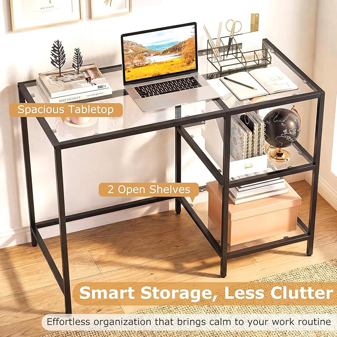 GOFLAME Computer Desk with Shelves 42” Home Office Desk with Metal Frame Tempered Glass Study Writing Table Modern Simple PC Desk for Living Room Bedroom (Black)