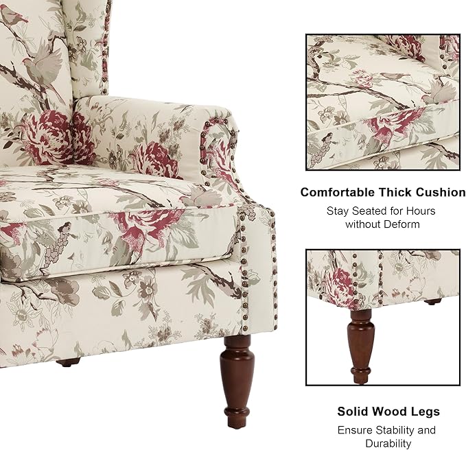 Floral High Back Accent Chair Upholstered Armchair with Solid Wood Legs Comfy Wingback Reading Single Sofa Chair for Small Spaces Living Room Bedroom(Floral Beige Set of 2)