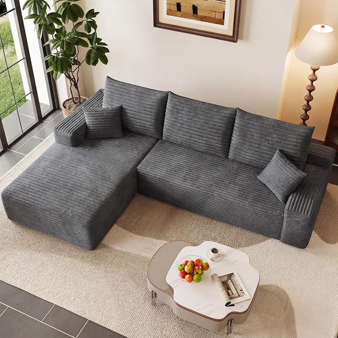 95 Modular Sectional Couch Boneless L Shaped Cloud Sofa with Chaise Lounge Corduroy Upholstered Couches Memory Foam Deep Seat No Assembly Required Ideal for Living Room(Dark Gray Left Facing)