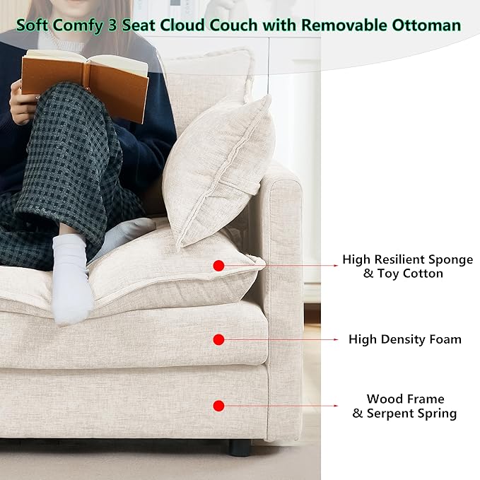 102 L-Shaped Sofa for Living RoomModular Sectional Cloud Sofa Couch with OttomanModern Chenille 3 Seater Sofas with Deep SeatSmall L Shaped Couches for Bedroom (Beige 102)