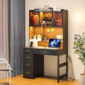 LED Study Desk with Hutch and Drawer Home Office Desk with Outlet Computer Desk with Charging Station Writing Desk for Bedroom Workstation for Small Space (Black)