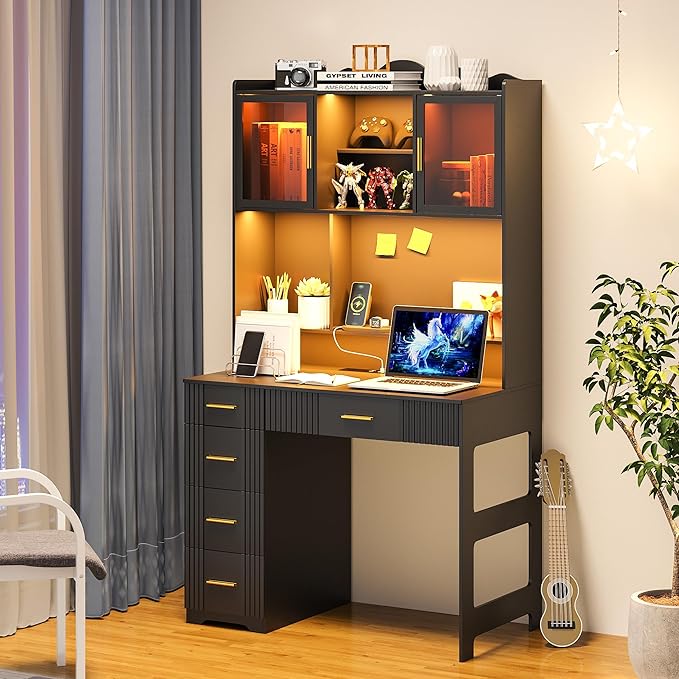 LED Study Desk with Hutch and Drawer Home Office Desk with Outlet Computer Desk with Charging Station Writing Desk for Bedroom Workstation for Small Space (Black)