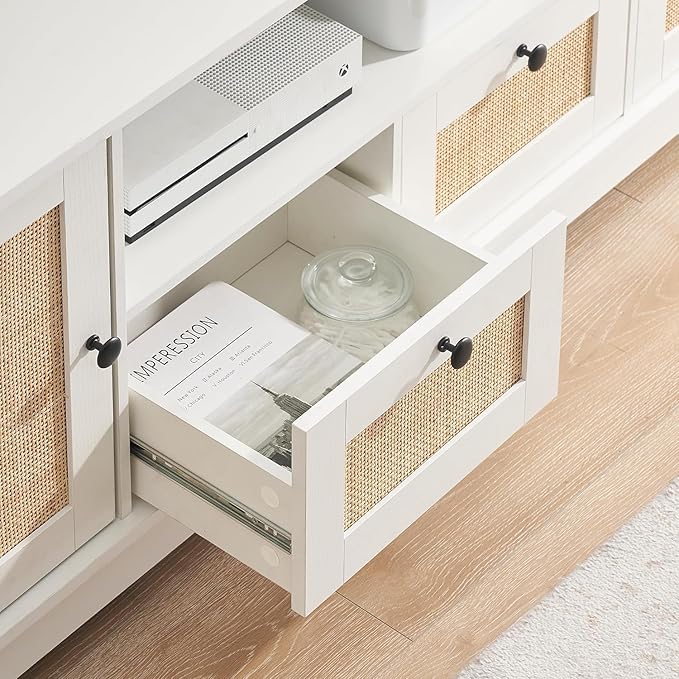 IDEALHOUSE Rattan TV Stand for 65+ Inch TV Boho Entertainment Center with Storage Drawer and Open Shelves TV Console Cabinet with Adjustable Shelf for Living Room Bedroom White