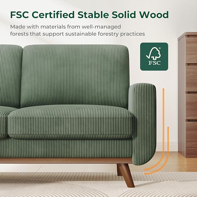 Vesgantti 68 Loveseat Sofa - Green Comfy Corduroy with Spring Cushion Solid Wood Frame Modern Deep Seat Bedroom &amp Living Room Office Couch