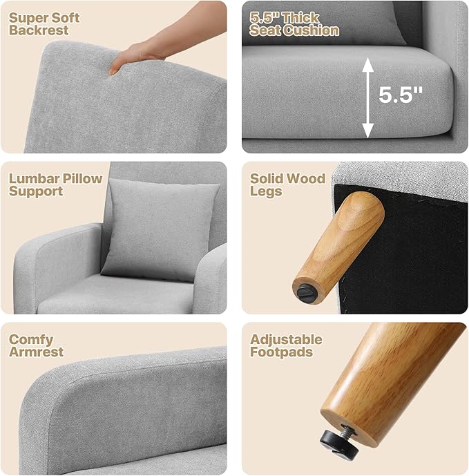MoNiBloom Accent Chair with Back Pillow Upholstered Club Arm Chair Modern Living Room Chair with Wooden Legs for Bedroom Corner Living Room Reading Nook Gray
