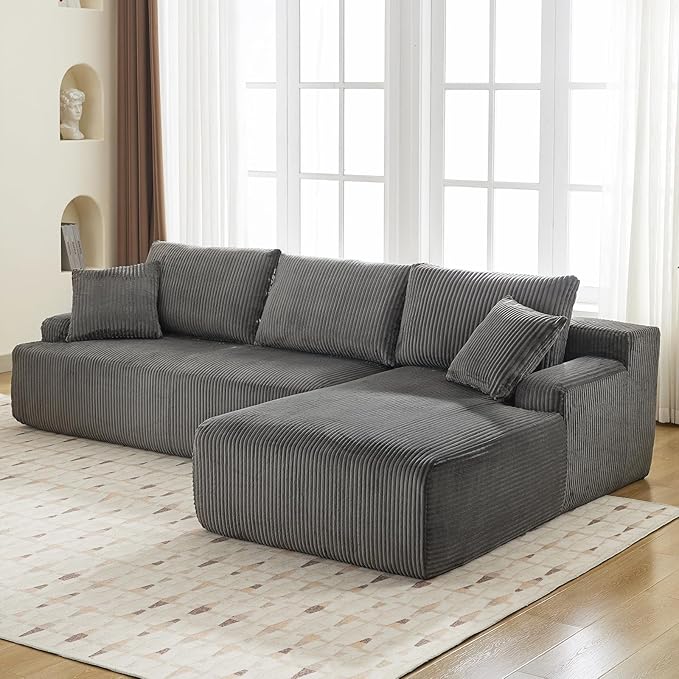 Sectional Cloud Boneless Couch 106 Modern Comfy L-Shape Corner No Assembly Required Convertible Compression Sleeper Modular Sofa with Corduroy Fabric Deep Seat Loveseat + Chaise for Living Room