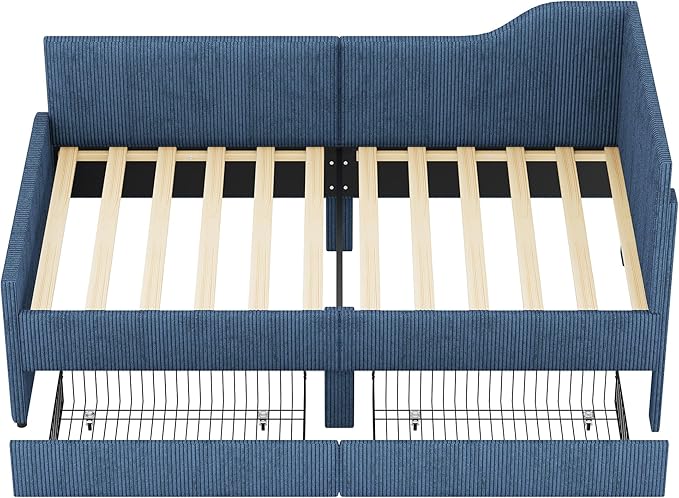 Twin Size Daybed L-Shaped Modern Corduroy Upholstered Sofa Day Bed Frame with Storage Drawers for Living Room Bedroom Guest Room No Box Spring Needed (Blue)