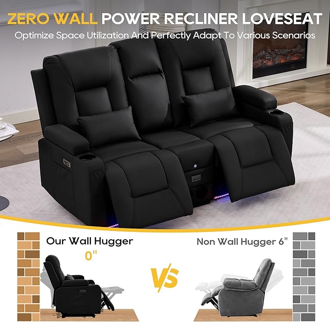 IPKIG Power Recliner Loveseat with Console Zero Wall Hugger Sofa Couch Faux Leather 2-Seater Sofa with LED Lights AC Outlets USB Ports Cup Holders Charcoal Black | Storage Drawer Bluetooth Spea
