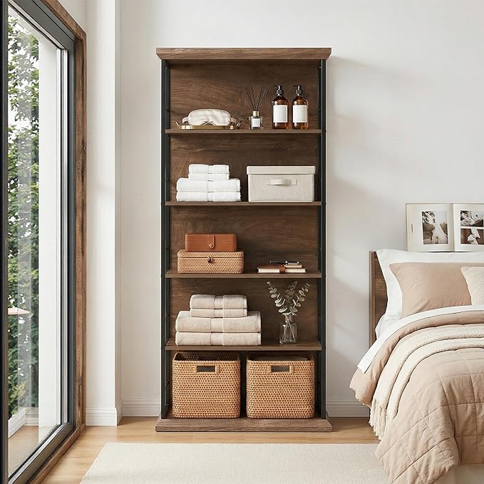 LITTLE TREE 5-Tier Bookcase 72 Inches Farmhouse Wooden Bookshelf Free-Standing Display Storage Shelves for Home Office Living Room Kitchen Room Brown