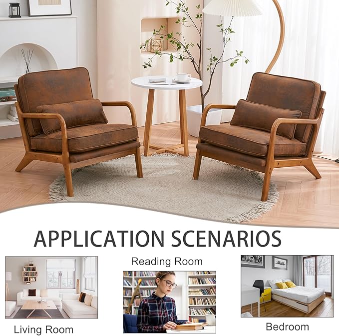 Mid Century Modern Accent Chair with Wood Frame Upholstered Lounge Bronzing Cloth Armchair Comfy Reading Leisure Chair with Cushion for Living Room Bedroom Balcony (Brown Set of 2)