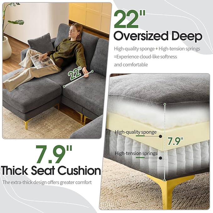 VINGLI 100 W U Shaped Couch with Ottoman 22 Deep Seat Comfortable Sectional Couches for Living Room 3 Seater Chenille Fabric Cloud Sofa for Apartment Small Spaces Bedroom Grey