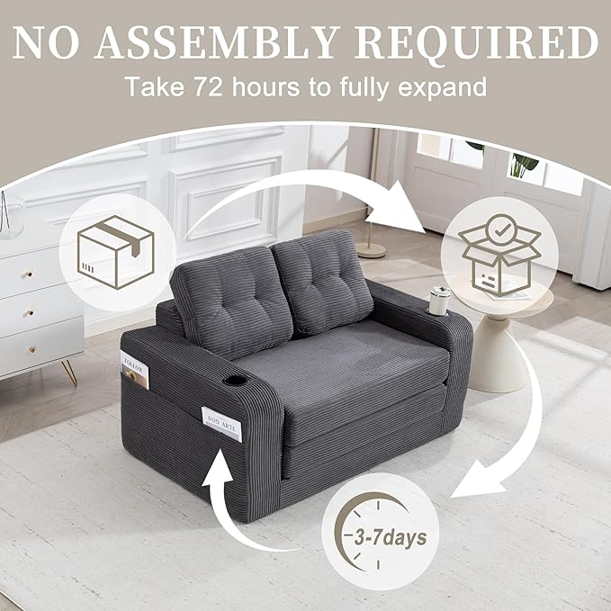 54 Convertible Sofa Bed 2-in-1 Boneless Folding Couch Bed with Cup Holder &amp Pocket Corduroy Fold Out Floor Couch with Pillows for Living Room Bedroom Small Spaces (Grey)