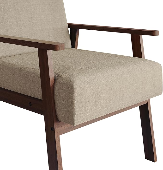 Mid-Century Modern Accent Chair Linen Upholstery Wooden Armrests Cushioned Seat Easy Assembly Beige