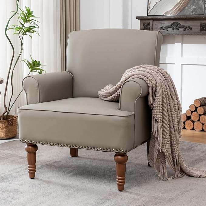 HOMEFLEX Accent Chair Faux Leather Living Room Chairs with Nailhead Trim Mid-Century Lounge Armchair with Solid Wood Legs Comfy Reading Single Sofa for Bedroom Waiting Room (Grey 1 Chair)