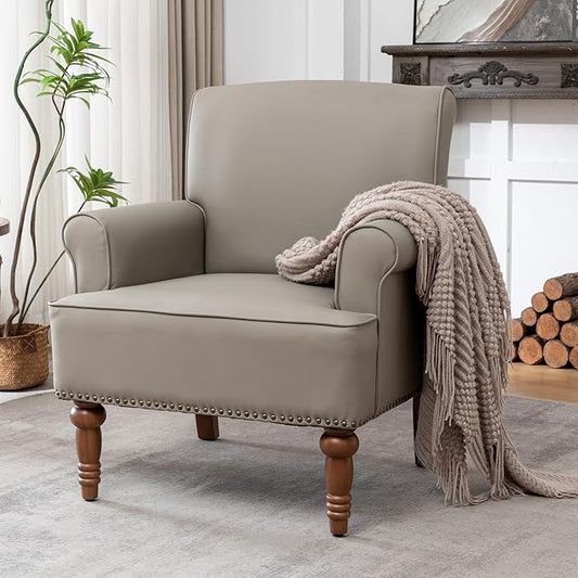 HOMEFLEX Accent Chair Faux Leather Living Room Chairs with Nailhead Trim Mid-Century Lounge Armchair with Solid Wood Legs Comfy Reading Single Sofa for Bedroom Waiting Room (Grey 1 Chair)