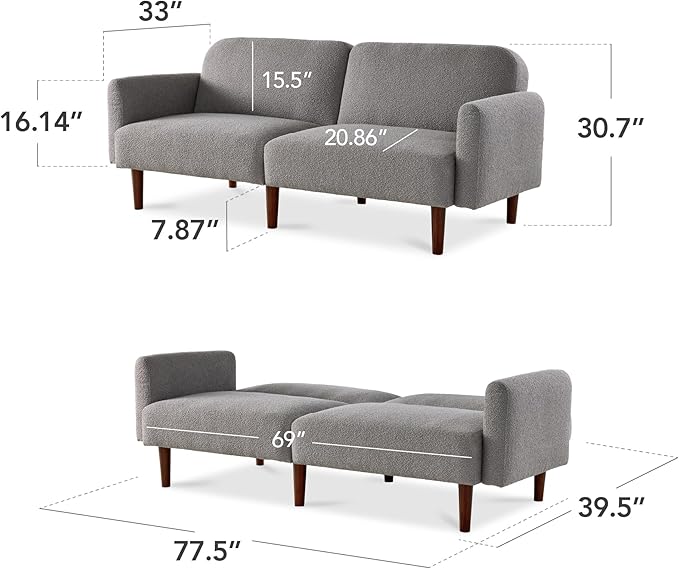 Best Choice Products 77 Mid Century Modern Boucle Loveseat Sofa Couch Convertible Sofa Sleeper Bed w/Real Wood Removable Armrest - Storm Gray