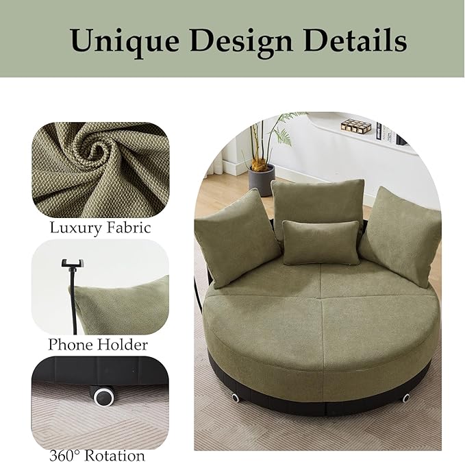 Anwick Modern 52'' Oversized Round Swivel Chair 360 Swivel with Adjustable Phone Holder 4 Pillows Upholstered Couples Chair for Living Room Bedroom Lounge Hotel (Green)