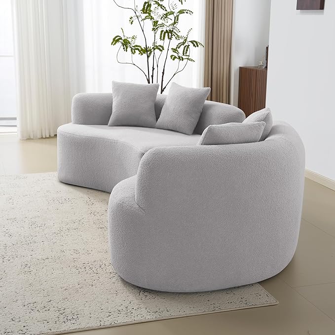 106.7 Curved Loveseat Sofa for Small Spaces - Plush Teddy Fleece Fabric Modern Love Seat with Pocket Springs &amp Memory Foam Boneless Floor Couch Set Living Room Studio 38.6 Extra Deep Seat (Gre
