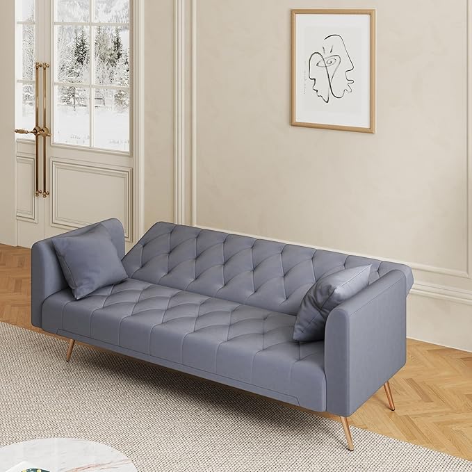 71 Futon Sofa Bed VelvetConvertible Sleeper Sofa CouchModern Folding Futonwith 3 Adjustable Backrests and 2 Pillowsfor Small Living Room Bedroom Office (Grey)