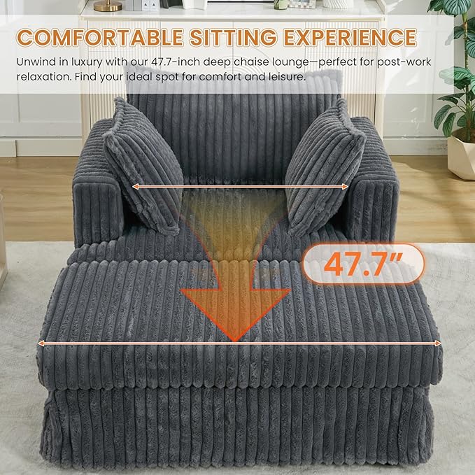 Oversized Chaise Longue IndoorComfy Upholstered Tufted Corduroy Single Sofa Couch Leisure Chair with 3 PillowDeep Seat Reclining Sleeper Sofa Chair for Living RoomBedroomOffice (Dark Gray)