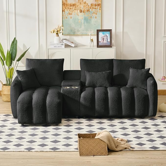 91.7 Modular Cloud Couch L-Shaped Teddy Fabric Sectional with Power &amp USB Ports Deep Seat 3-Seater Cloud Sofa with Storage Console &amp Cup Holders for Living Room Bedroom Apartment Black