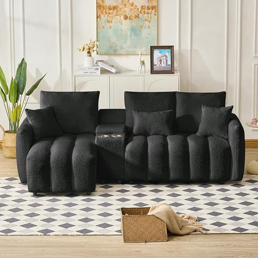 91.7 Modular Cloud Couch L-Shaped Teddy Fabric Sectional with Power &amp USB Ports Deep Seat 3-Seater Cloud Sofa with Storage Console &amp Cup Holders for Living Room Bedroom Apartment Black