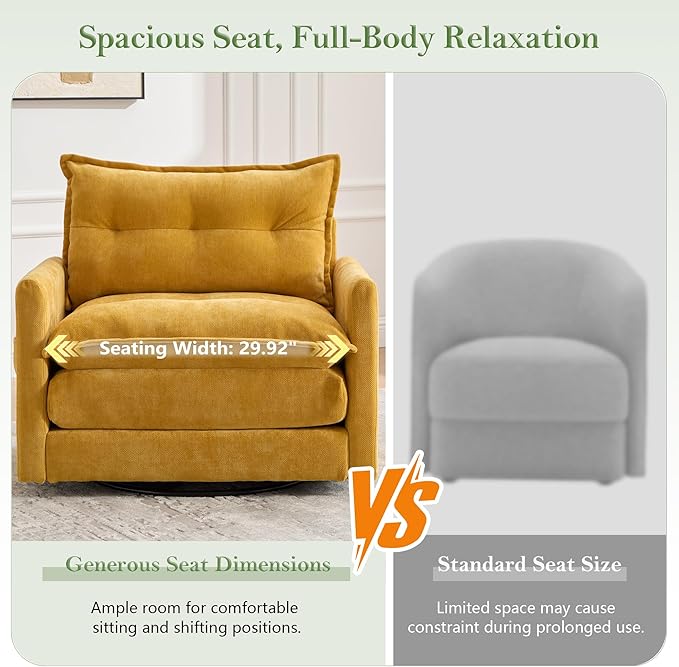 cinkehome Oversized Swivel Chair 36 Swivel Armchair Accent Chair for Living Room Mid Century Modern Thick Padded Arm Chairs Memory Foam Chenille Mustard Yellow