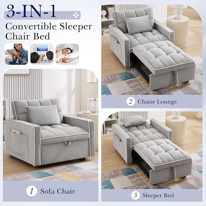 3 in 1 Convertible Sleeper Sofa Chair BedVelvet Tufted Upholstered Pull Out Sleeper Chair with Adjustable Backrest &amp Side PocketsModern Recliner Lounger Bed for Living Room/Office/Small Space(Gr