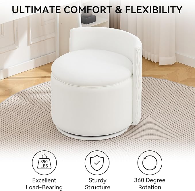 Large Velvet Vanity Chair with Storage 360° Swivel Makeup Chair with Wave Back No Assembly Small Accent Stool for Bedroom Dressing Living Room White