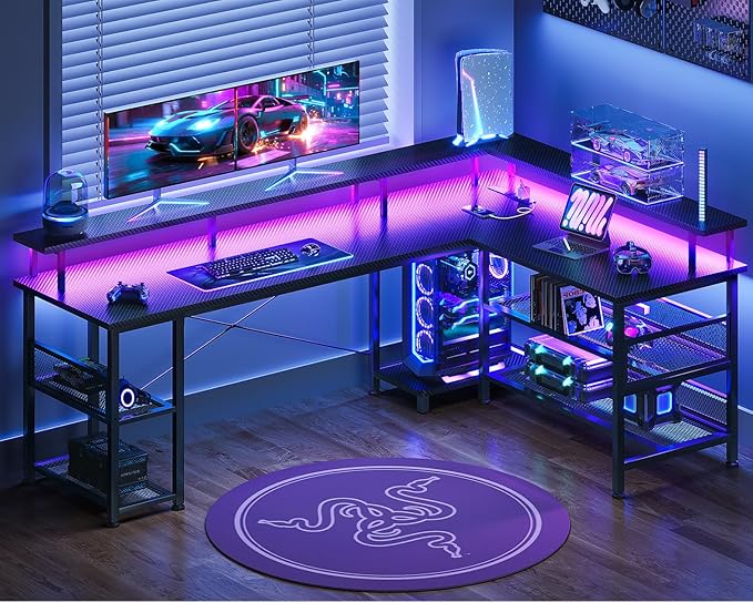 ODK 66 L Shaped Gaming Desk with Power Outlet and LED Lights PC Gaming Table with Carbon Fiber Texture Reversible L Shape Desk with Storage Shelves &amp Monitor Stand Home Office Desk Black