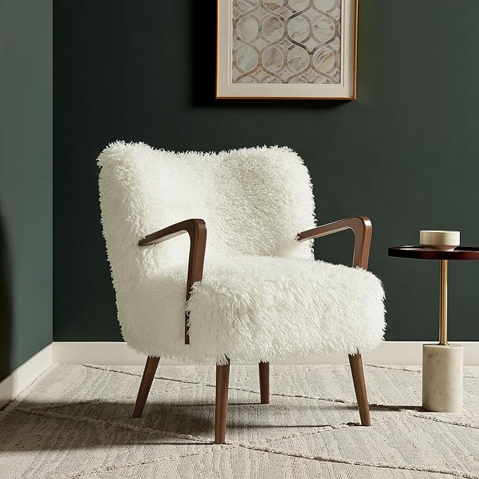 Modway Zerra Upholstered Faux Shearling Lounge Chair in White – Mid-Century Modern Accent Armchair with Wood Frame – Fuzzy Fabric Single Sofa Chair