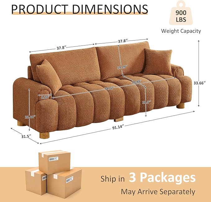 VANOMi Boucle Sofa Couch 91 Comfy Tufted Upholstered Cloud Couches Modern 3 Seater Sofa with Pillows Oversized Deep Seat Sherpa Couch for Living Room Bedroom Apartment (Curry)