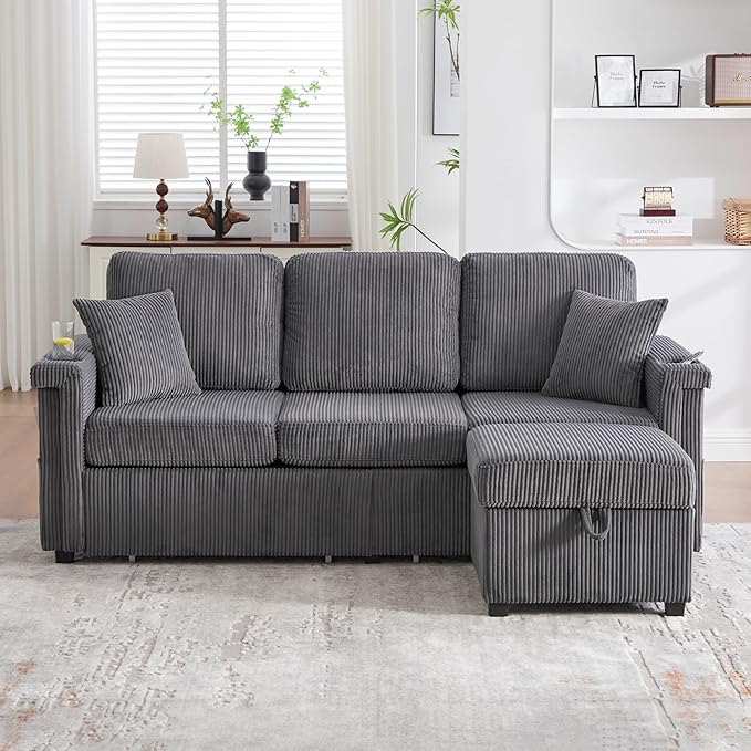 76.8 L-Shaped Sleeper Sofa with Storage Ottoman USB Ports Cup Holders&ampLED Lights Side Pockets Comfy Corduroy Modern 3-Seater Small Couch Bed for Living Room with 2 Throw Pillows (Dark Grey)