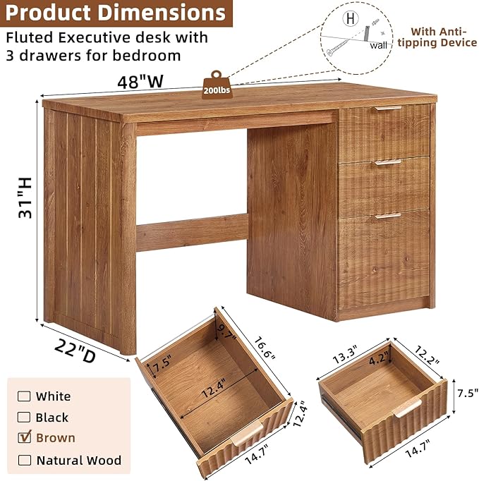 48 Modern Fluted Home Office Desk with Storage Cabinet Brown Wood Executive Desk with File Drawer &amp Golden Handles Large Computer Writing Table for OfficeStudy Living Room Bedroom