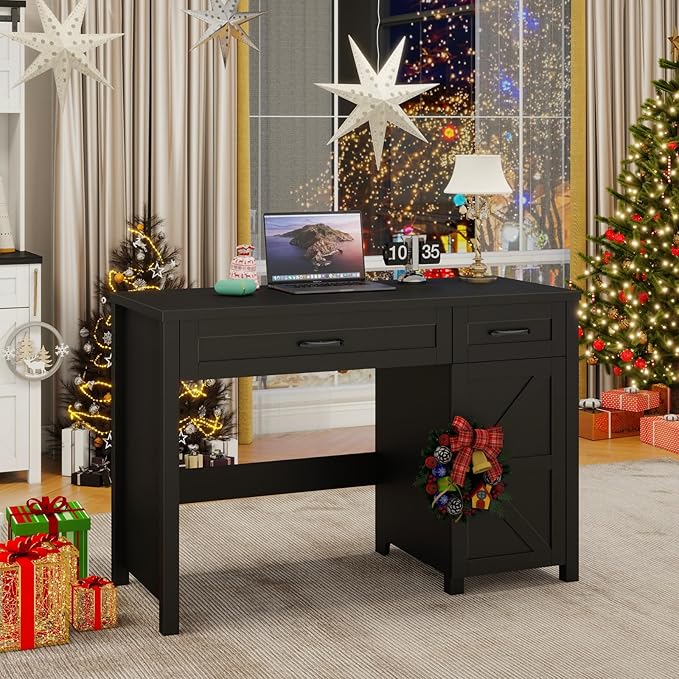 Farmhouse 47 Executive Desk Computer Desk with Drawers and Storage Cabinet Workstation Computer Desk for Home Office Study.Pure Black