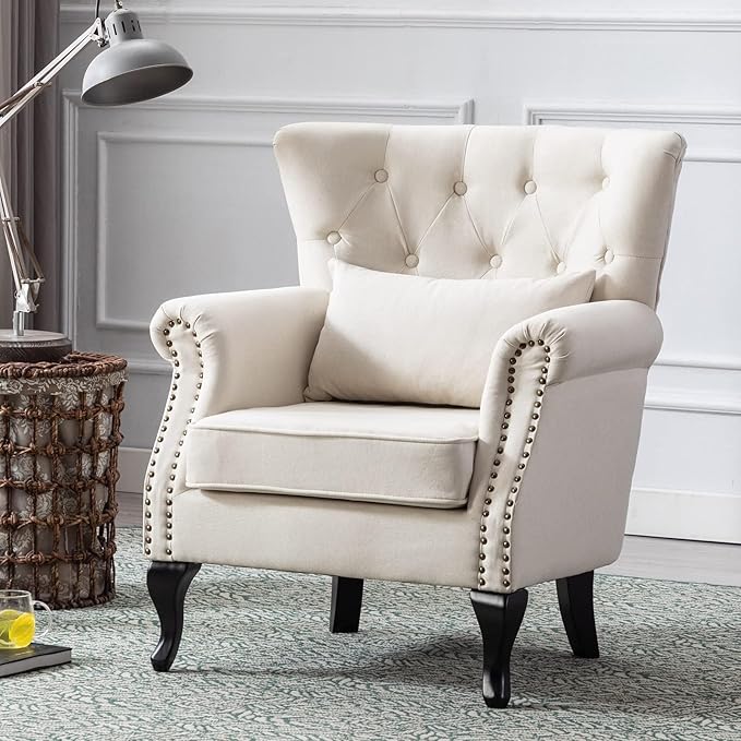 chairus Mid-Century Modern Accent Chair Comfy Tufted Single Sofa Chair Wingback Armchair with Pillow for Club Living Room Bedroom - Linen Beige
