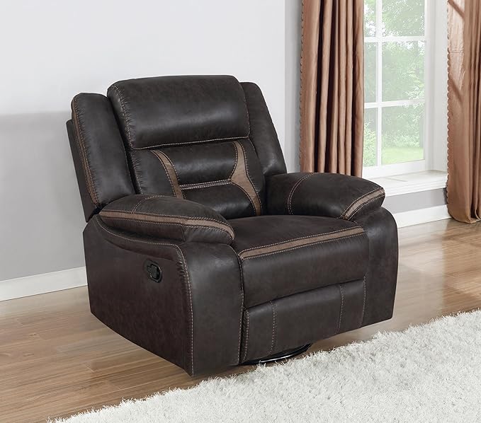 Coaster Home Furnishings - Greer - Leatherette Upholstered Swivel Glider Recliner Chair with Pocket Coil Cushions Padded Armrests Contrasting Stitching - Living Room - 41-Inch - Brown - 651356