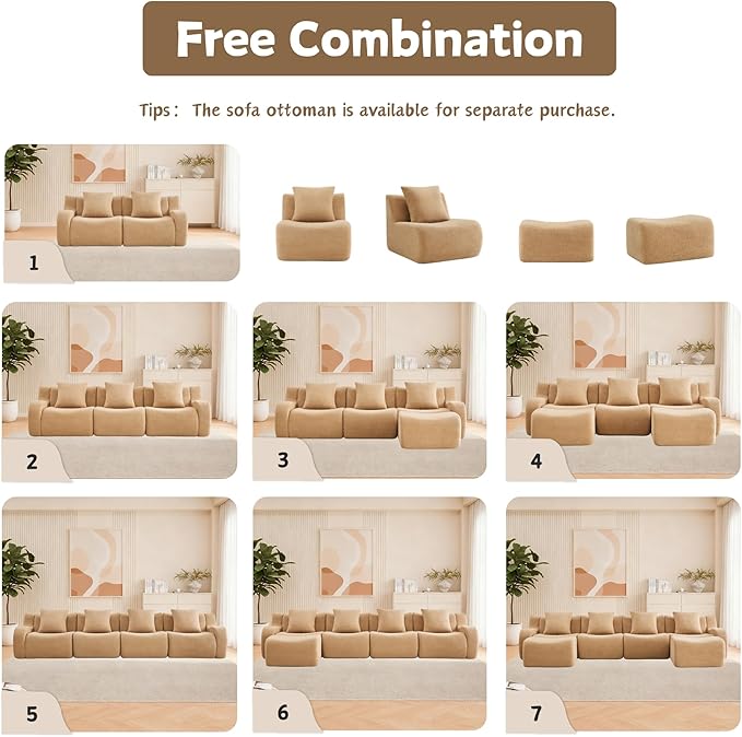 148 Modular Boneless Sectional Sofa Boneless Couch for Living Room and Apartments 32D High Density Sponge No Assembly Required (4 Seater) Camel