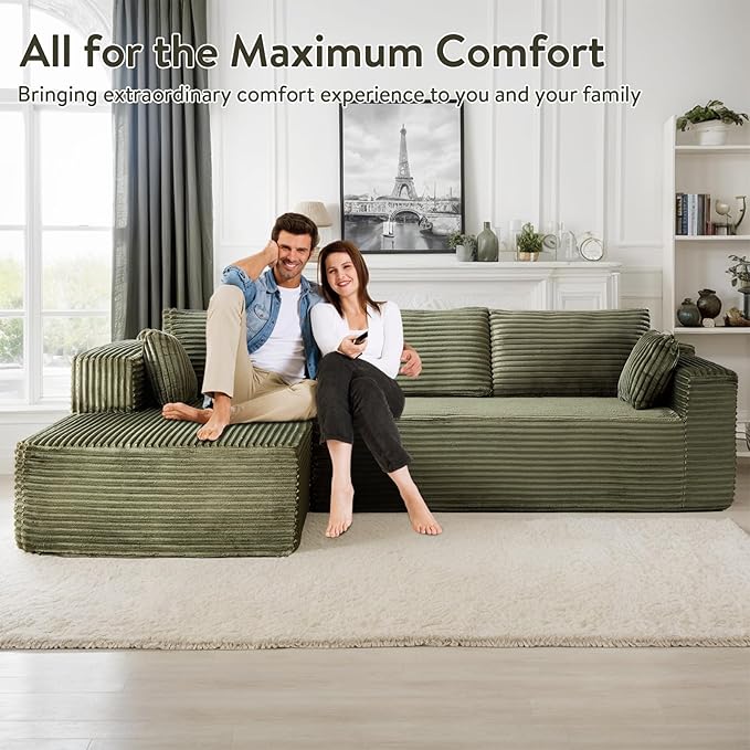 110 Modular Sectional Sofa Cloud Sectional Couch with L-Shape Chaise Modern Modular Couches with Deep Seat Corduroy Sponge Compressed Sofa for Living Room No Assembly Required (Green)