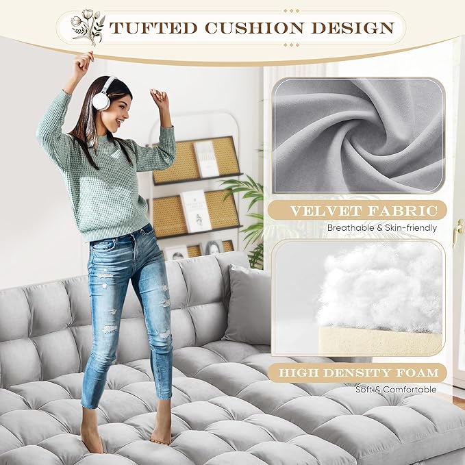Convertible Sleeper Sofa Bed82.6W Velvet Tufted L Shaped Sectional Couch with Adjustable Back &amp Reversible Storage ChaiseModern Futon Pull Out Couch Bed for Living RoomApartmentSmall Place(Gr