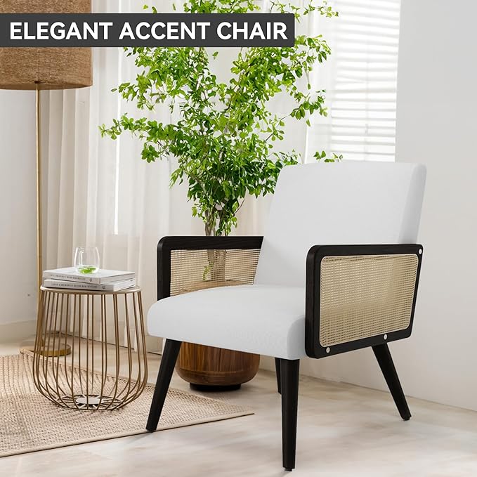 Accent Chair with Rattan Arms Living Room Chairs with Wood Legs Modern Armchair for Bedroom Lounge Chair Indoor for Reading Room Kitchen White