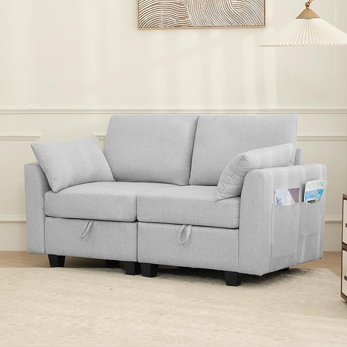 Convertible Loveseat Sectional Sofa Couch Linen Fabric Modular Sofa with Storage Space for Small Apartments Living Room Office and Commercial Space Light Gray