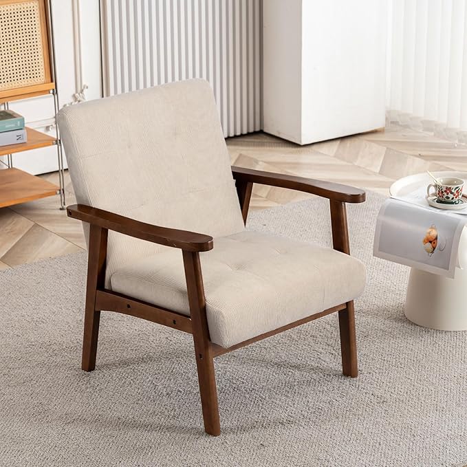 Mid Century Modern Accent Chairs for Living Room Comfy Bedroom Chairs for AdultsSmall Wide Reading Nook Arm Chair 105° Ergonomic Cozy Khaki Corduroy Armchair with Rubber Wood