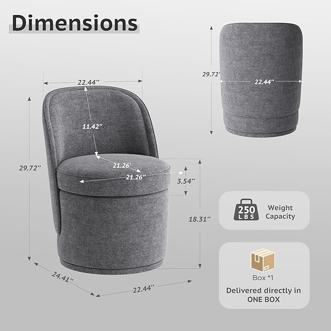 Swivel Accent Chair 360° Swivel Chair with Hidden Storage Vanity Chairs Modern Small Barrel Swivel Armchair for Living Room/Bedroom Darkgrey