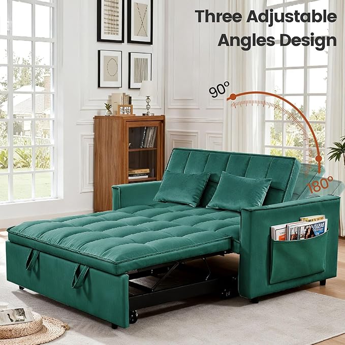 Convertible Sofa Bed Pull Out Couch with Side Pockets 3 in 1 Velvet Fabric Loveseat Sleeper Sofa Bed Pull Out Couch with Adjustable Backrest for Living Room Bedroom Apartment Green