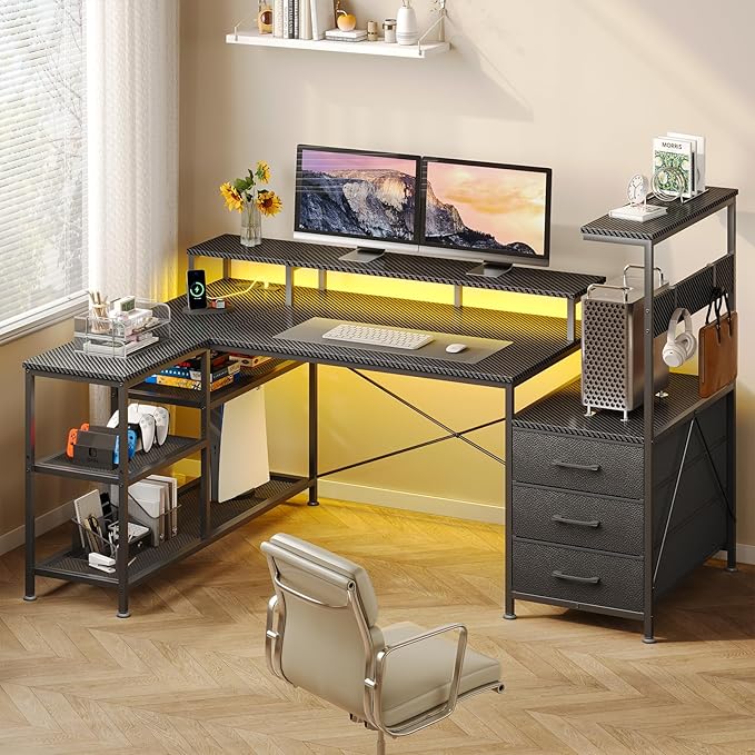 L Shaped Gaming Desk with Drawers &amp Storage Shelves Corner Gaming Desk with Power Outlets &amp LED Light Reversible Computer Desk with Monitor Stand &amp Hooks Carbon Fiber Black