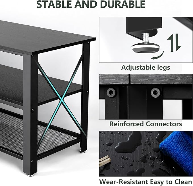 Clikuutory Modern Black 63 inch Metal TV Stand with LED Lights and Power Outlets for 40 50 55 60 65 70 Inch TVs 3 Tier Television Stands with Entertainment Center and Storage for Living Room Bedroom