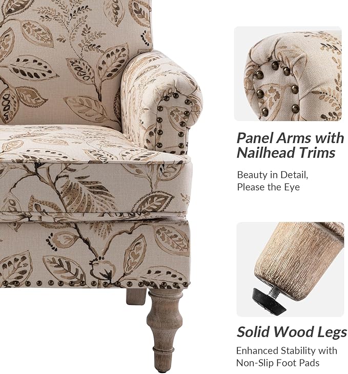 HULALA HOME Accent Armchairs Set of 2 with Print Floral Pattern Upholstered Living Room Accent Chairs with Retro Wood Legs &amp Nailhead Trim Fabric Sofa Chairs Reading Armchairs for Bedroom Ginge