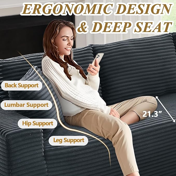 104 Boneless Sectional Couches L Shaped Couch with Deep Seat for Living Room Apartment Corduroy Memory Foam Couch with Comfy Pillows (Dark Grey Right Chaise)